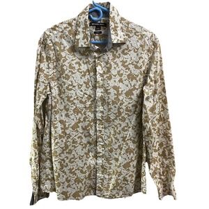 Michael Kors Mens Chino Button Up Tan Floral Shirt All Over Print SLIM FIT Sz. L